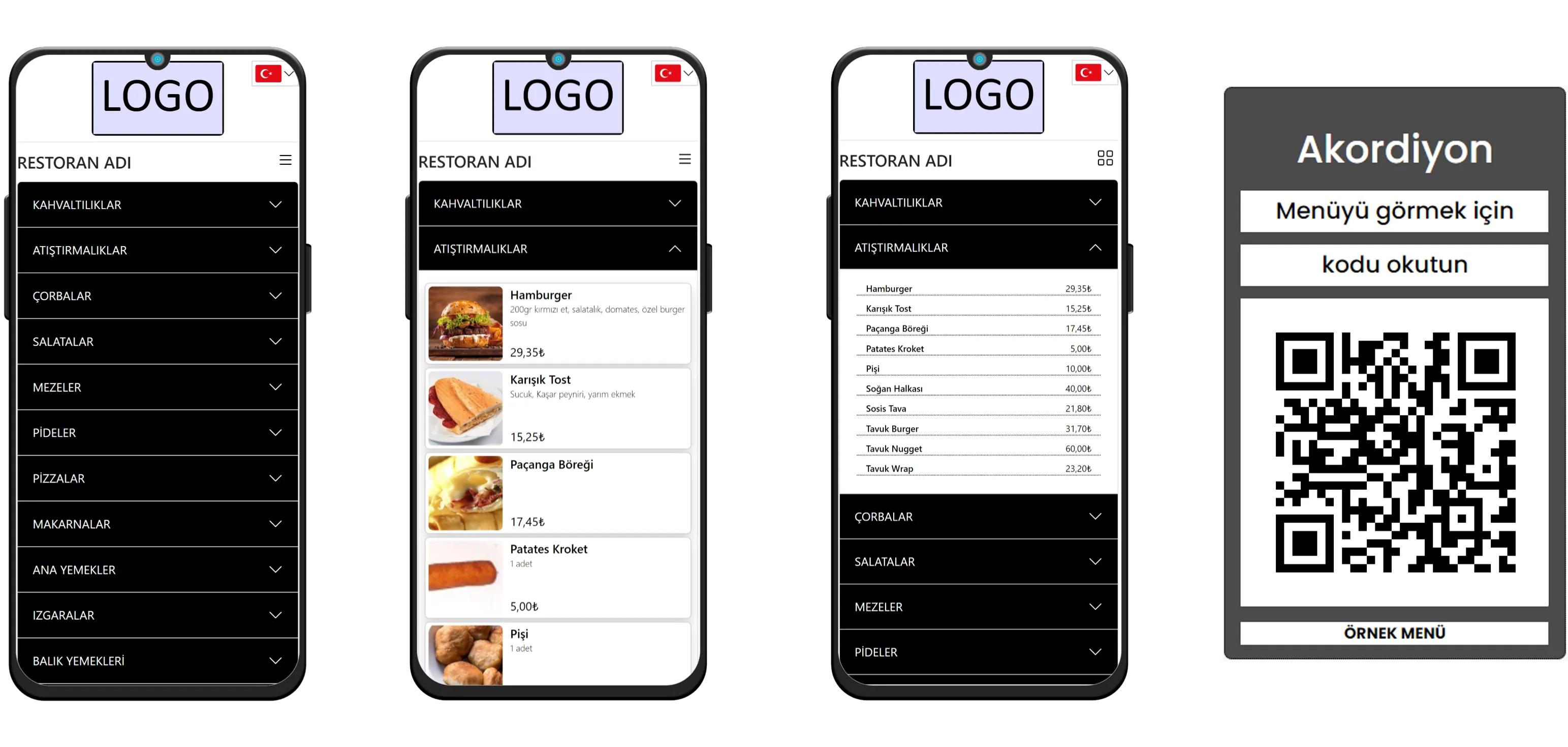 Akordiyon menü önizleme ve örnek menü QR kodu
