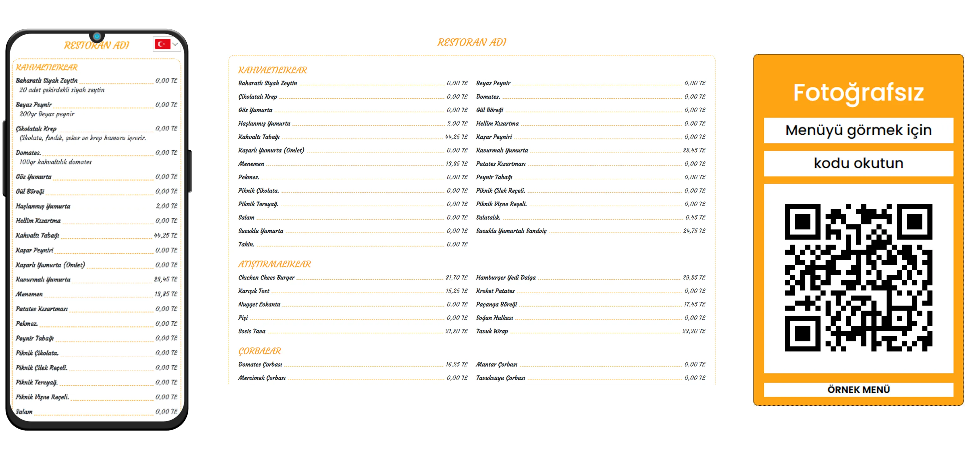 Fotoğrafsız menü önizleme ve örnek menü QR kodu